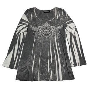 The Pyramid Collection Shirt‎ Tunic Sweater Gray Artsy Print Pleated Flowy Sz S